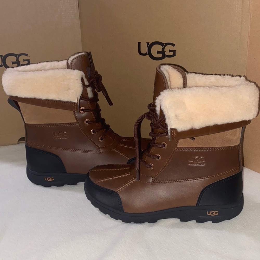UGG Brown and Cream Kids Shearling-Lined Lace-Up Boots